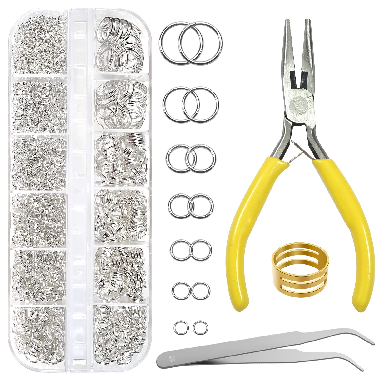 TOAOB 1275pcs Silver Jump Rings for Jewellery Making Kit Split Rings O Ring Connectors 3mm 4mm 5mm 6mm 7mm 8mm 10mm with Jewellery Pliers for Jewellery Making Bracelet Earring Necklace Accessories