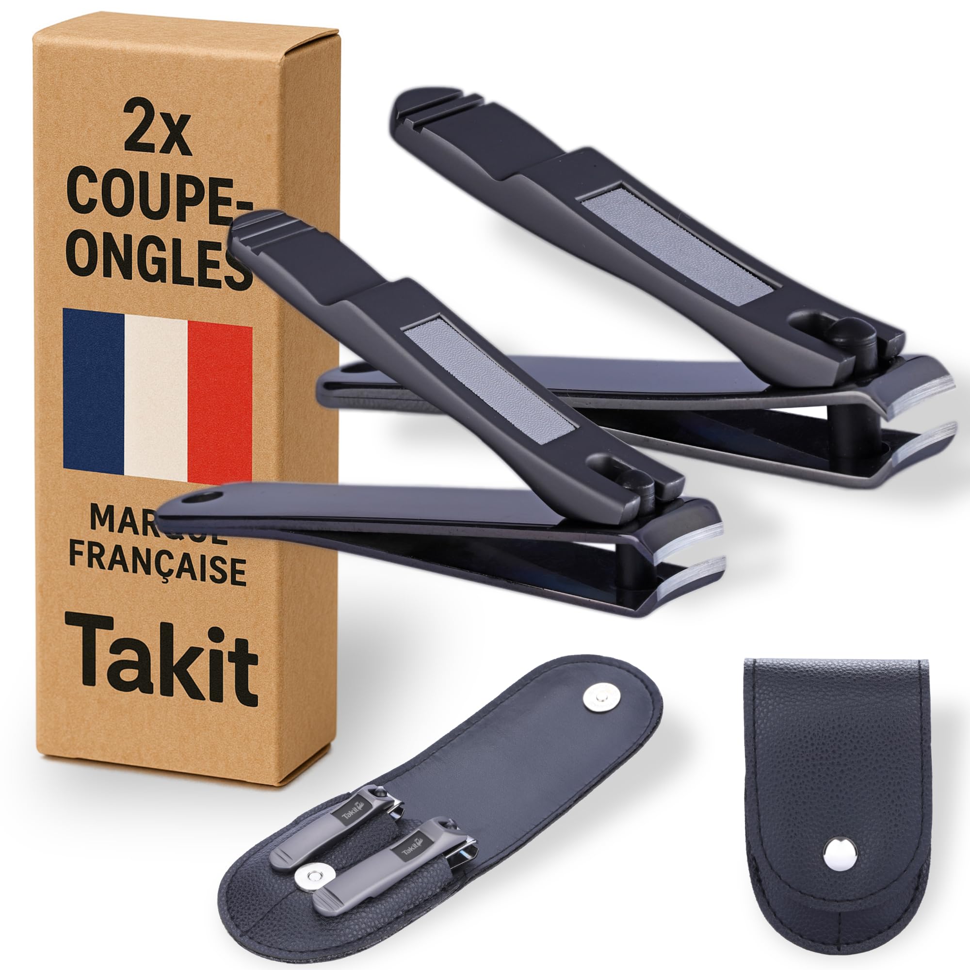 TAKIT Nail Clippers x2 - Professional - Stainless Steel - Set of 2 Small and Large Nail Clippers - with Integrated File and Storage Case
