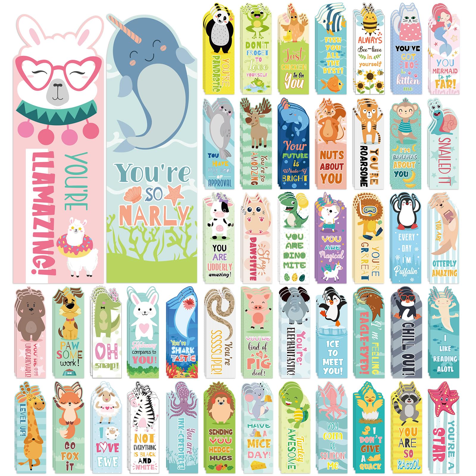 Photo 1 of 144 Pcs Bulk Animal Pun Bookmarks 2 x 6 Double Sided Page Markers with Funny Words Cute Assorted Forest Sea Animal Motivational Bookmarks for Kids Back to School Gifts Reading Birthday Teacher Reward