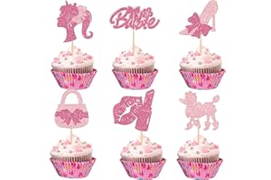 Biendo 30PCS Glitter Pink Princess Cupcake Toppers Girl Cupcake Picks Handbag Doll Head Bow Tie Lipstick High Heel Cake Decoration for Girl Princess Theme Bridal Shower Wedding Birthday Party Supplies