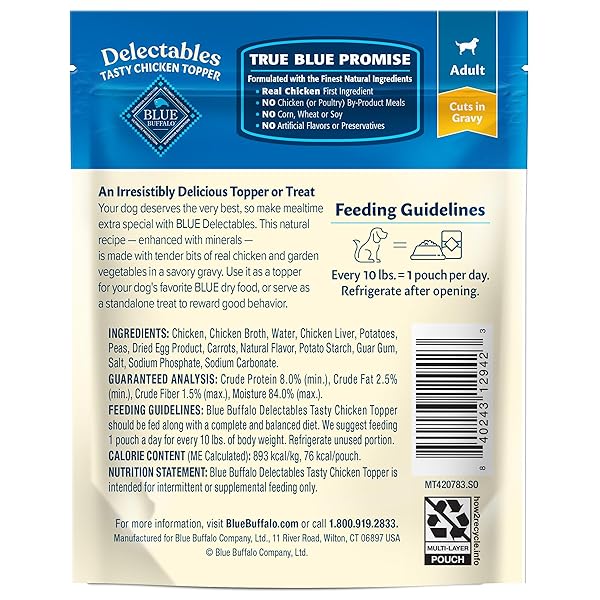 BLUE BUFFALO DELECTABLES NATURAL WET DOG FOOD TOPPERS, TASTY CHICKEN CUTS IN GRAVY, 3-OZ. (24 POUCHES)
