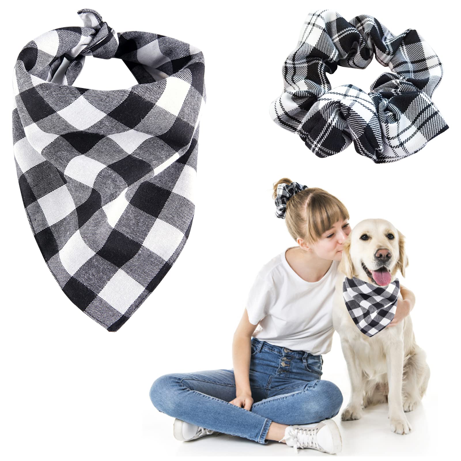 HACRAHO Dog Bandana and Scrunchie Set, 2 PCS Plaid Dog Bandana and Matching Scrunchie Dog Scarf Bibs with Round Hair Scrunchie for Dogs Owner & Small Medium Large Pet, Black and White