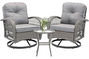 Villeston Swivel Patio Chairs, Outdoor Rocker Table and Chairs 3 Piece Bistro Set 360° Rattan Wicker Front Porch Furniture with Cushions Outside