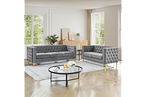 JEEOHEY Chesterfield Sofa Set of 2, Modern Velvet Couch with Button Tufted & Nailhead Trim, Upholstered Deep Seat Couch, Comfy Sofa for Living Room, Bedroom, Apartment, Office(58" W + 80.5" W, Grey)