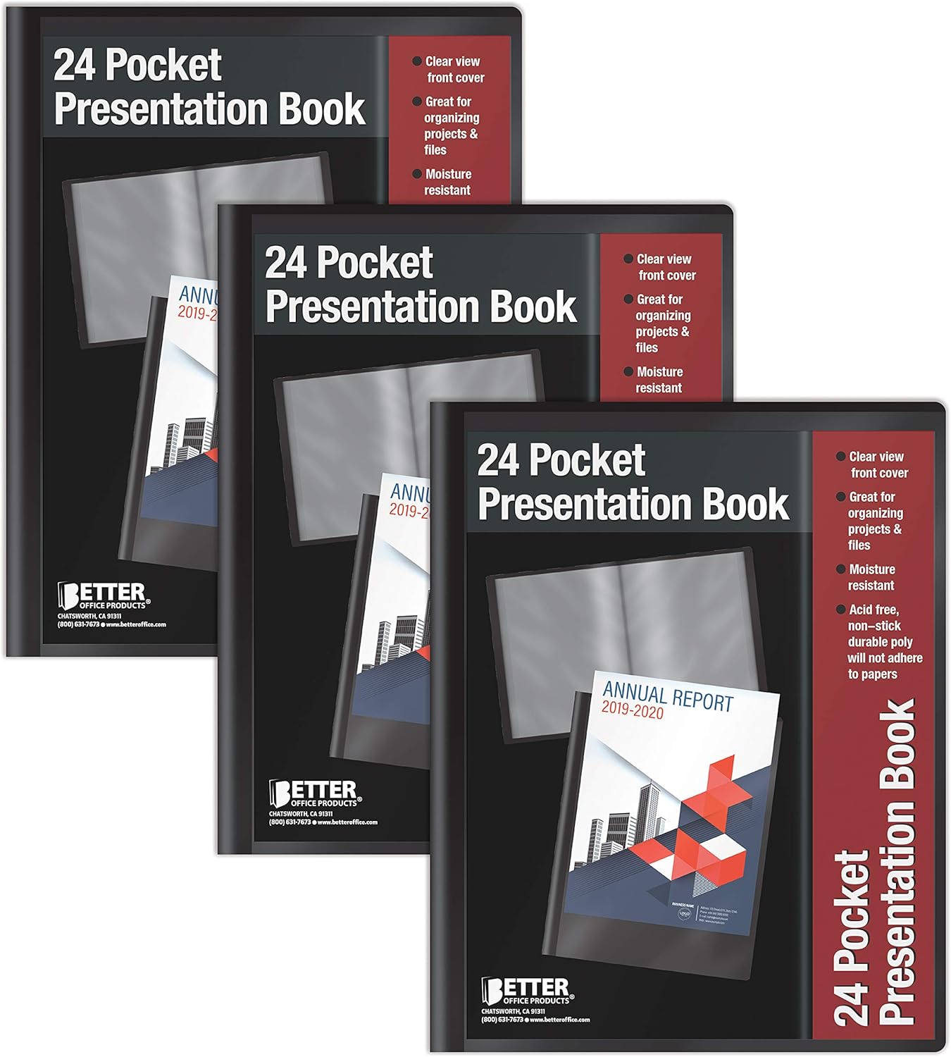 24 Pocket Bound Sheet Protector Presentation Book, 3 Pack, Clear View Front, 48 Page Capacity, by Better Office Products, Art Portfolio, Durable Black Poly Front and Back Covers, Letter Size : Office Products