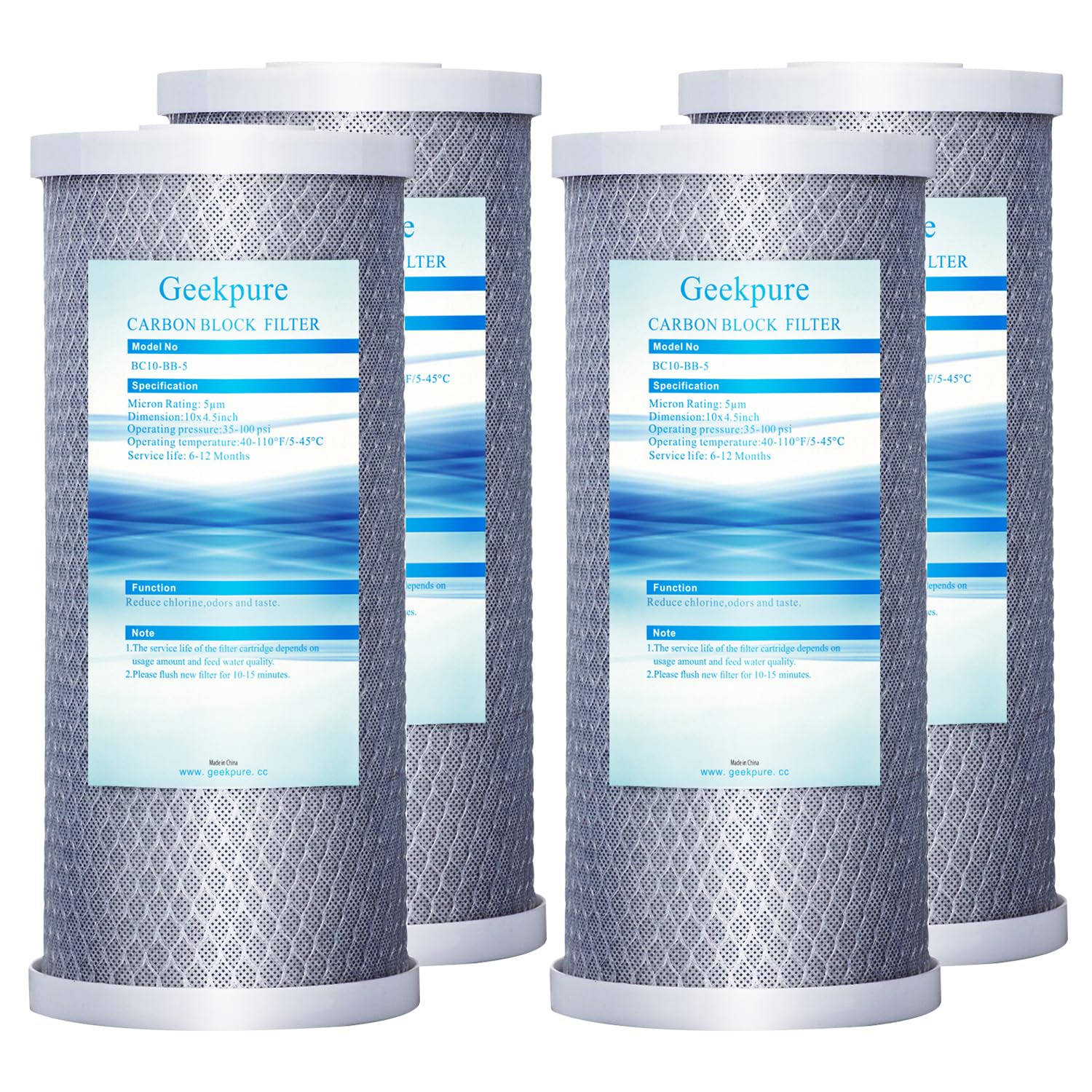 Geekpure 10 Inch Carbon Block Replacement Water Filter Cartridge for Whole House System- 4.5" x 10" -5 Micron-Pack of 4
