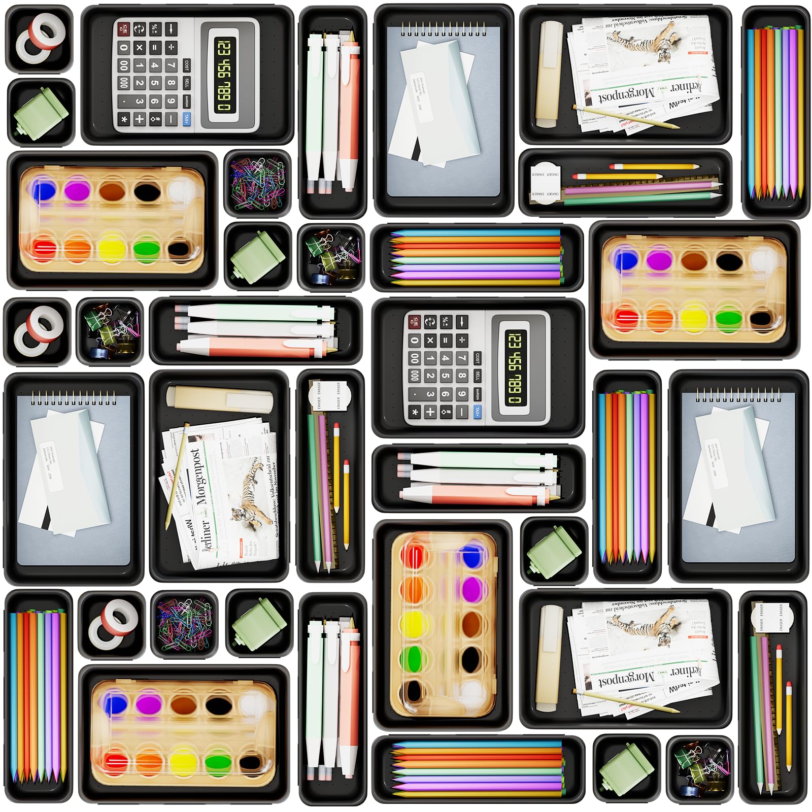 Giklux 25 Pcs Makeup Drawer Organiser Trays, 4 Sizes Desk Drawer Dividers Organisers for Cutlery, Kitchen, Bathroom, Office, Cosmetics, Vanity, Dressing Table, Tool Box, Plastic Junk Draw Organiser