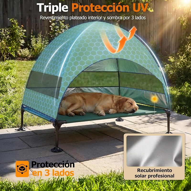 Cama elevada para Perros al Aire Libre con Techo, Tumbona Plegable con pies Antideslizantes, Tienda para Perros al Aire Libre con Gran Sombra, Cama elevada para Camping, jardín, Playa (Verde, L)