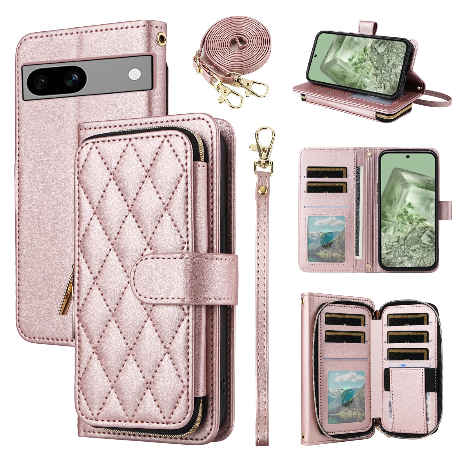 ELISORLI Wallet Case for Google Pixel 8A 5G with Wrist Strap,Crossbody Shoulder Strap,9 Card Slots Zipper Purse,Luxury PU Leather Stand Cell Accessories Phone Cover for Pixel8A A8 Girls Women Pink