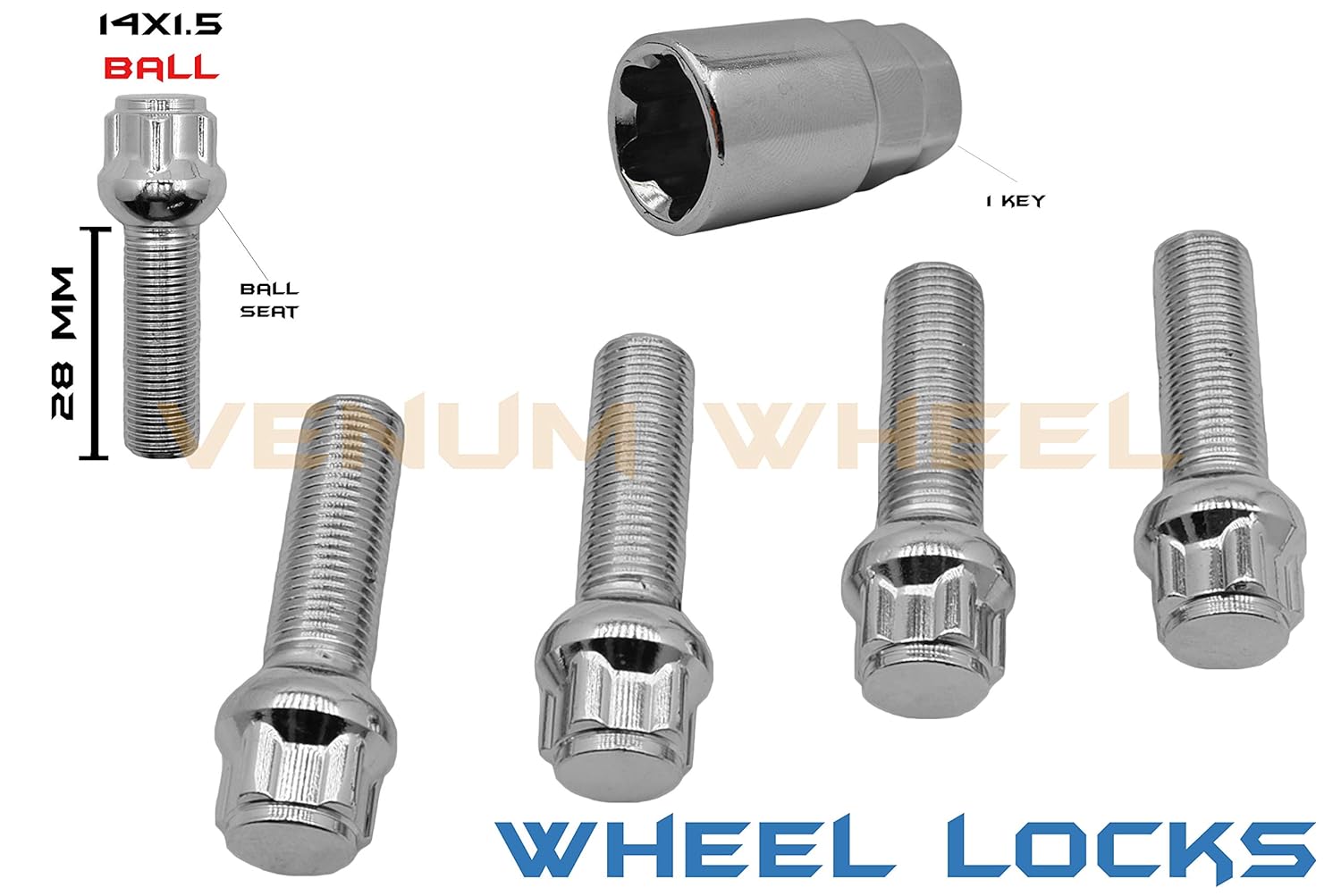 5 Pc Chrome Wheel Locks Lug Bolts 28 MM Shank M14x1.5