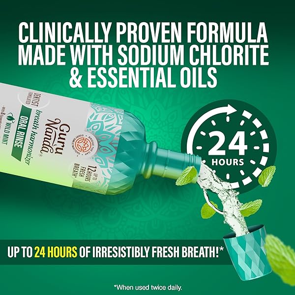 GURUNANDA FRESH BREATH MOUTHWASH, ADA-ACCEPTED, ALCOHOL & FLUORIDE-FREE, SODIUM CHLORITE, ESSENTIAL OILS & VITAMINS, 12-HRS FRESH BREATH, WILD MINT, 33.8 OZ