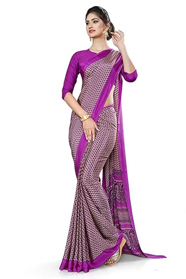 Uniform Sarees Corp Womens Paisley Print Italian Silk Crepe College Uniform Saree With Blouse (Wine)