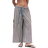Bankeng Women Drawstring Striped Pants Loose Wide Leg Lounge Pants Casual Palazzo Pants Trousers with Pockets