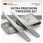 Beauty Power Professional Tweezers Set &ndash; Slant &amp; Point, Ultra Precision German Stainless Steel Tweezers for Eyebrows, Chin, Ingrown Hair &amp; Facial Grooming &ndash; Lightweight with Case - Gift Idea - Gray