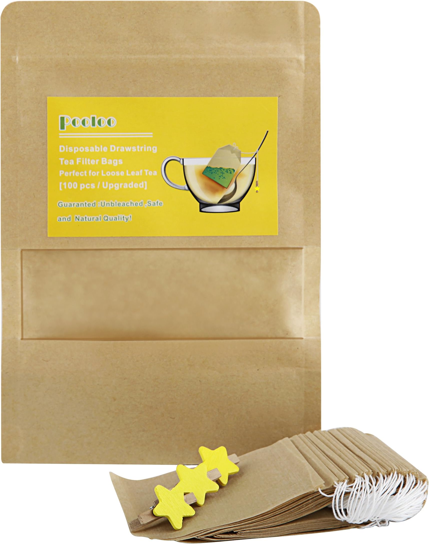 Drawstring Tea Filter Bags, Disposable Unbleached Safe Tea Infuser, M Size Perfect for Loose Leaf Tea（3 Free Clip, Pack-100, Brown）