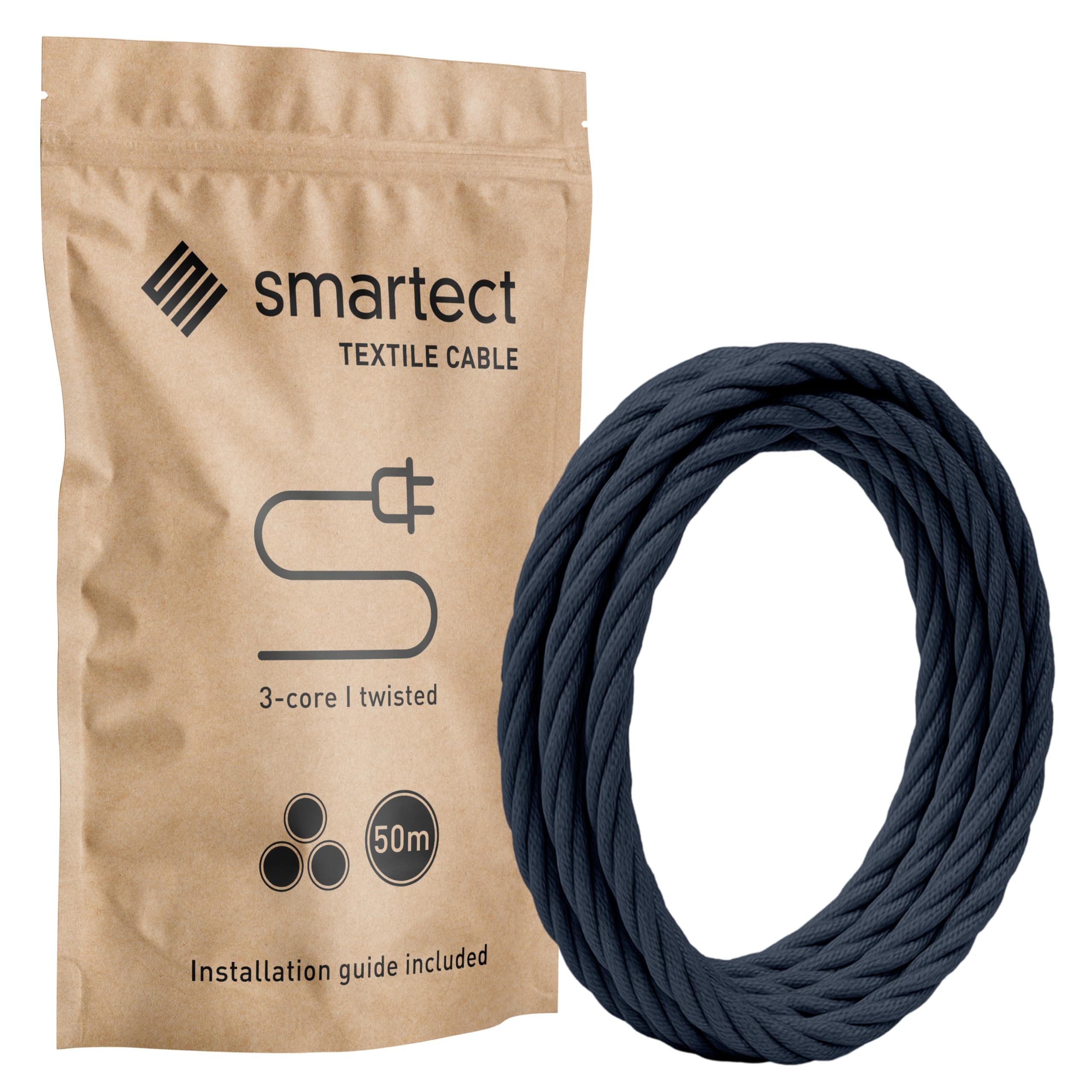 smartect Braided Cable twisted, Anthracite, 50 Metres 3 Core Electrical Cable (3 x 0.75mm²) Vintage Fabric Electrical Wire for your DIY project