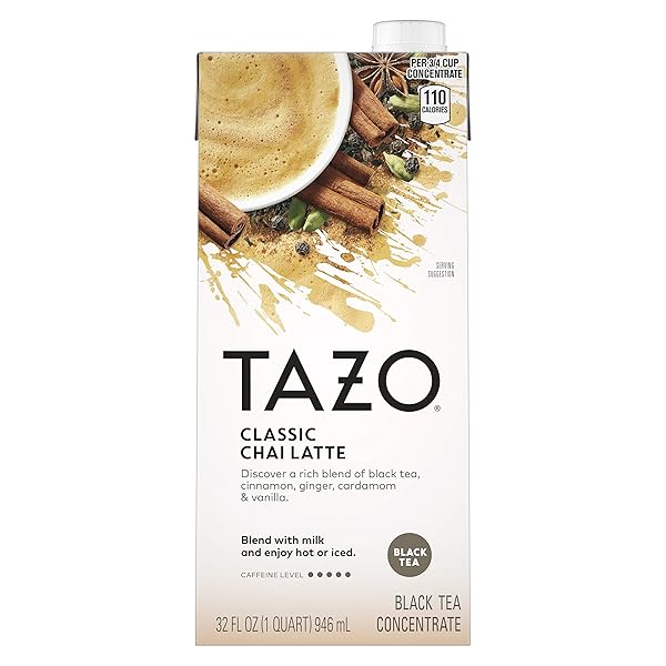 TAZO CLASSIC CHAI LATTE, BLACK TEA CONCENTRATE, EASY-TO-SERVE CAFFEINATED CHAI TEA FOR EVERYDAY LATTES, MOCKTAILS AND HOT OR ICED, 32 OZ CARTON