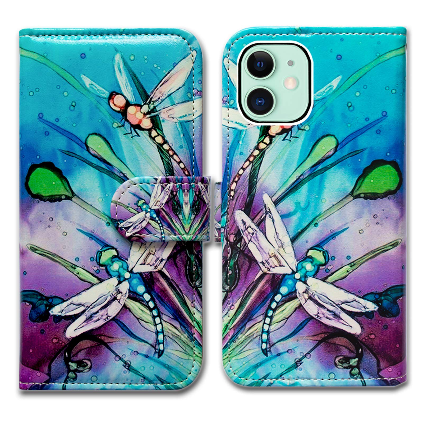 Bcov iPhone 12 Case,iPhone 12 Pro Case, Cute Dragonfly Leather Flip Phone Case Wallet Cover with Card Slot Holder Kickstand for iPhone 12/iPhone 12 Pro