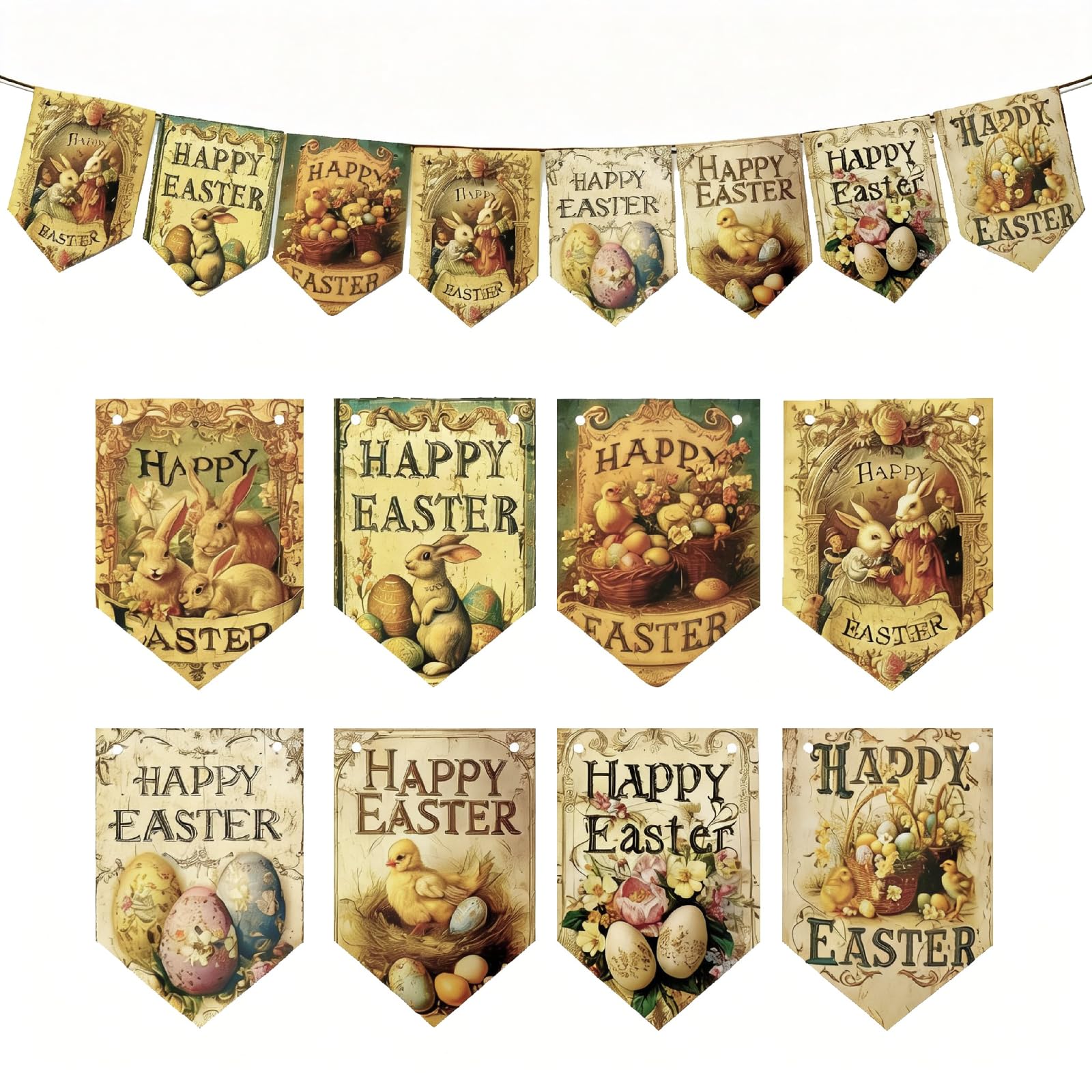 Happy Easter Hanging Banner Decorations, 8Pack Vintage Garland Retro Holiday Party Supplies Decor, Easter Style Bunny Eggs Banner Flag for Rustic Wall Door Home Office Fireplace Mantle