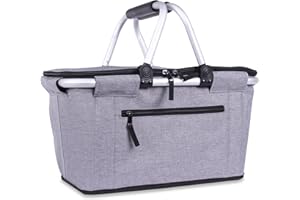 Picnic Basket, SIYUAN Collapsible Shopping Basket Insulated with 2 Handles 27L Large Cooler with Lid Portable Folding Grocery Market Tote Bag, Grey
