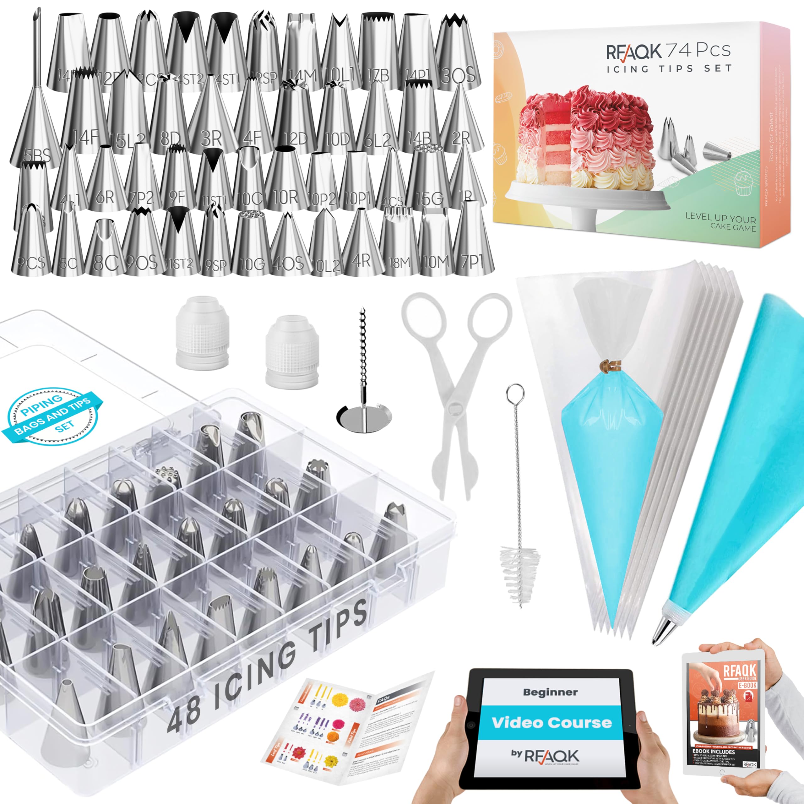 RFAQK 74 PCs Piping Bags and Nozzles | Cake Decorating Kit-48 Numbered Icing Nozzles with Pattern Chart & EBook-Flower Lifter&Nail, Icing Bags and Nozzles Set Cake Piping Nozzle Set & Icing Piping Kit