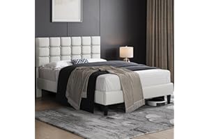 Yaheetech Upholstered Bed Frame, Modern Full Bed Platform with Square Stitched&Button Tufting Headboard Height Adjustable, Wooden Slats Support, No Box Spring Needed, Full Size, Beige
