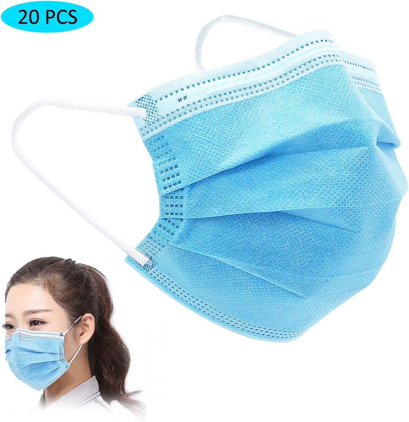 UTOTEBAG Facial Mask 3-ply Face Mask for Daily Use (Blue,20 Pcs)