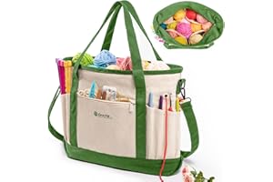 MYBAGZING Canvas Yarn Storage Organizer Bag Washable Crochet Bag with Pockets for Yarn, Hooks, Needles – Travel Knitting Tote for Crafters – Gift for Crocheters & Knitters (Medium/Large)
