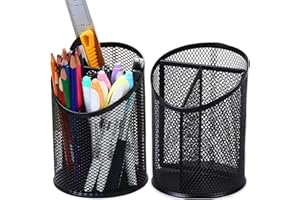 MINDEPOT 2 Pack Mesh Pencil Holder Pen Cup for Desk Round Black Pen Holder Desktop Pen Organizer 3 Compartments Pencil Organizer Desk Organizer for Office Home School