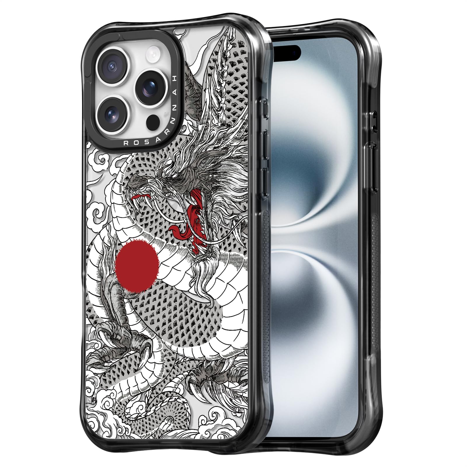 Rosarnnah for iPhone 15 Pro Case Cute - Military-Grade 20 ft Drop Protection Shockproof Phone Case - Funny Chinese Dragon Design (6.3") Black