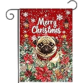 Christmas Pug Garden Flag Merry Christmas Dog Yard Flag for Outside Xmas Flags 12x18 Double Sided Red Poinsettia Garden Flags Winter Porch Decorations Outdoor