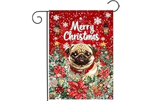 DZGLOBAL Christmas Pug Garden Flag Merry Christmas Dog Yard Flag for Outside Xmas Flags 12x18 Double Sided Red Poinsettia Garden Flags Winter Porch Decorations Outdoor