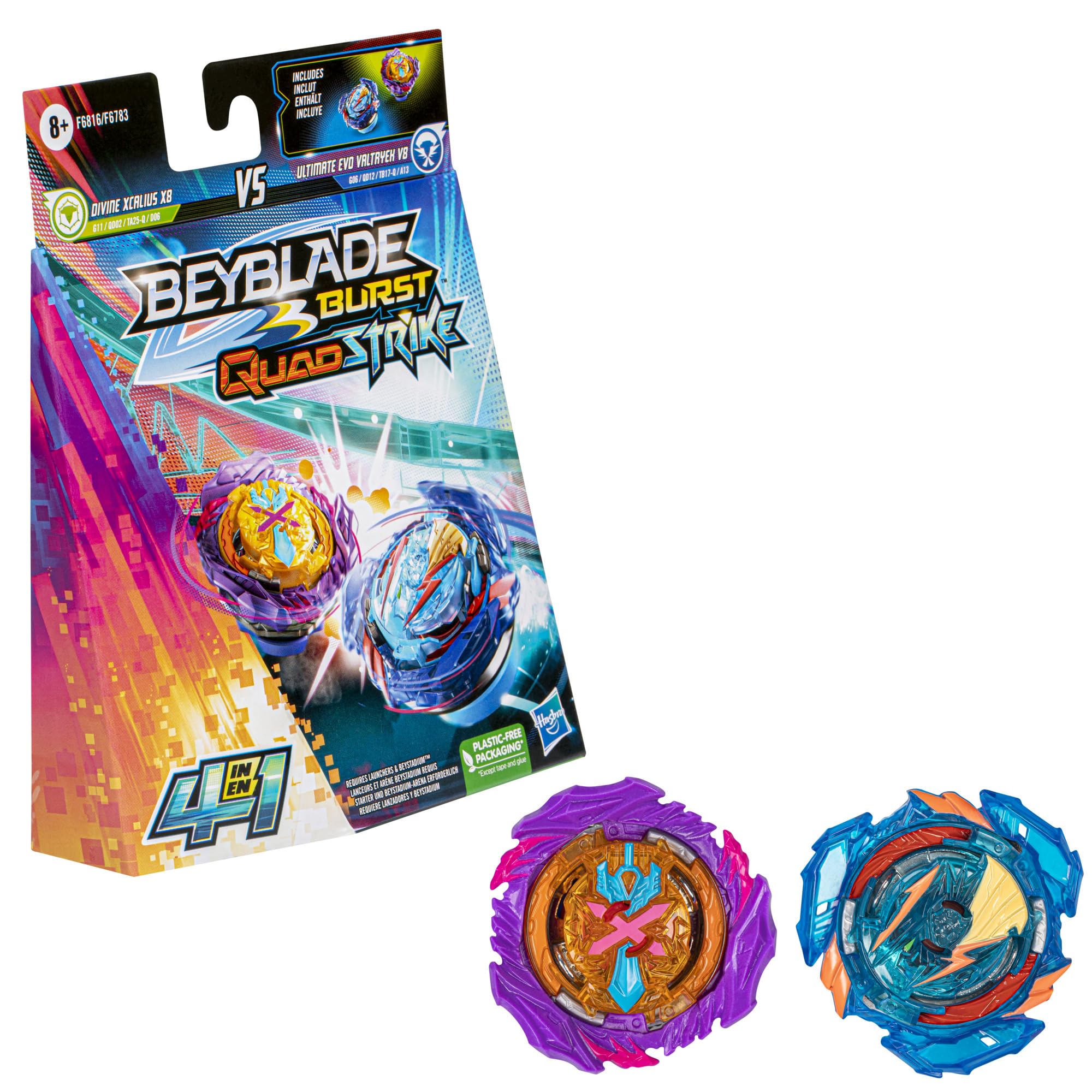 Beyblade Burst QuadStrike Ultimate Evo Valtryek V8 and Divine Xcalius X8 Spinning Top Twin Pack, Battle Spinning Top Toy