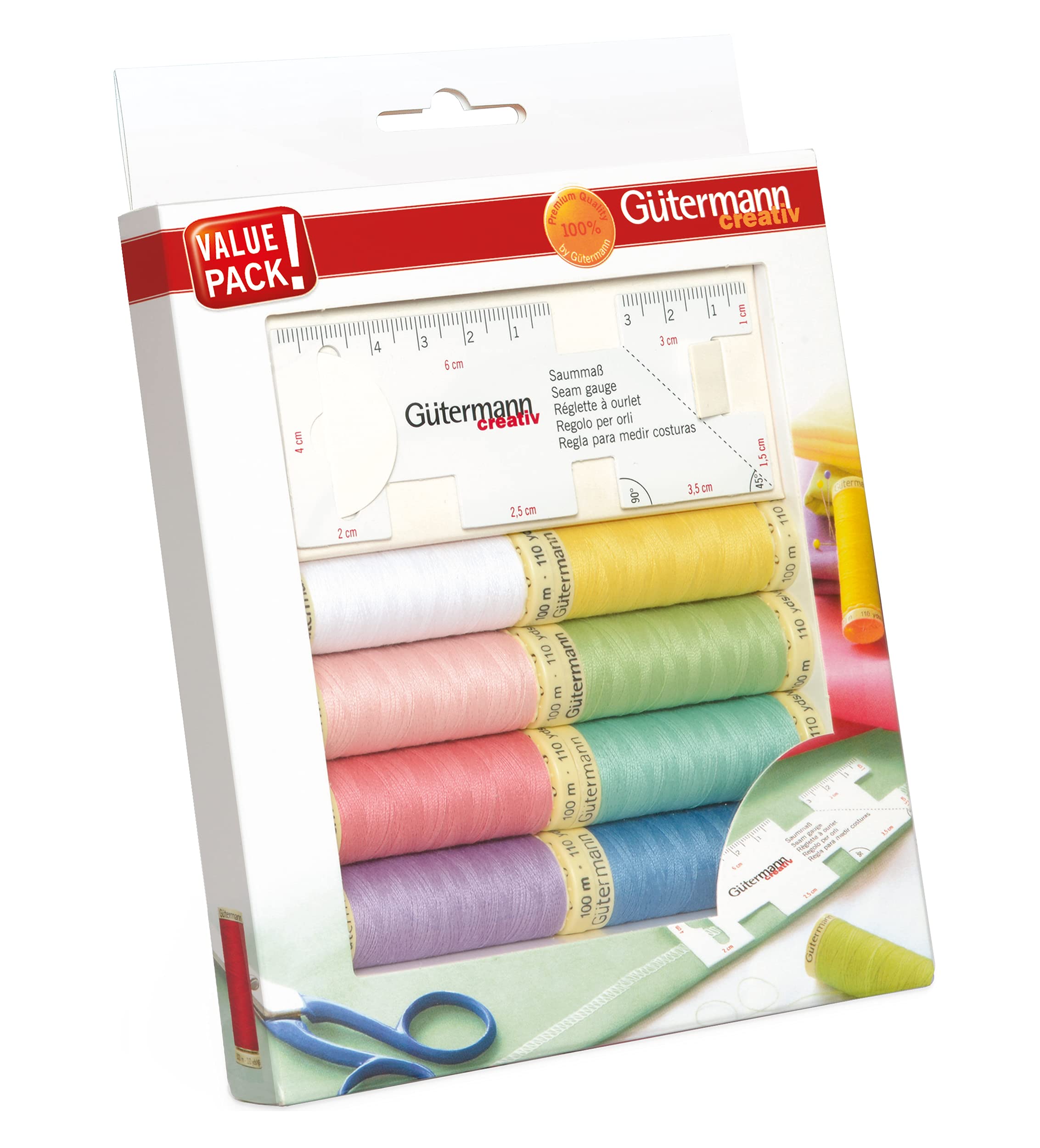 Gütermann creativ Sewing Thread Set with 8 spools Sew-All Thread 100 m in Pastel Colours + Seam Gauge