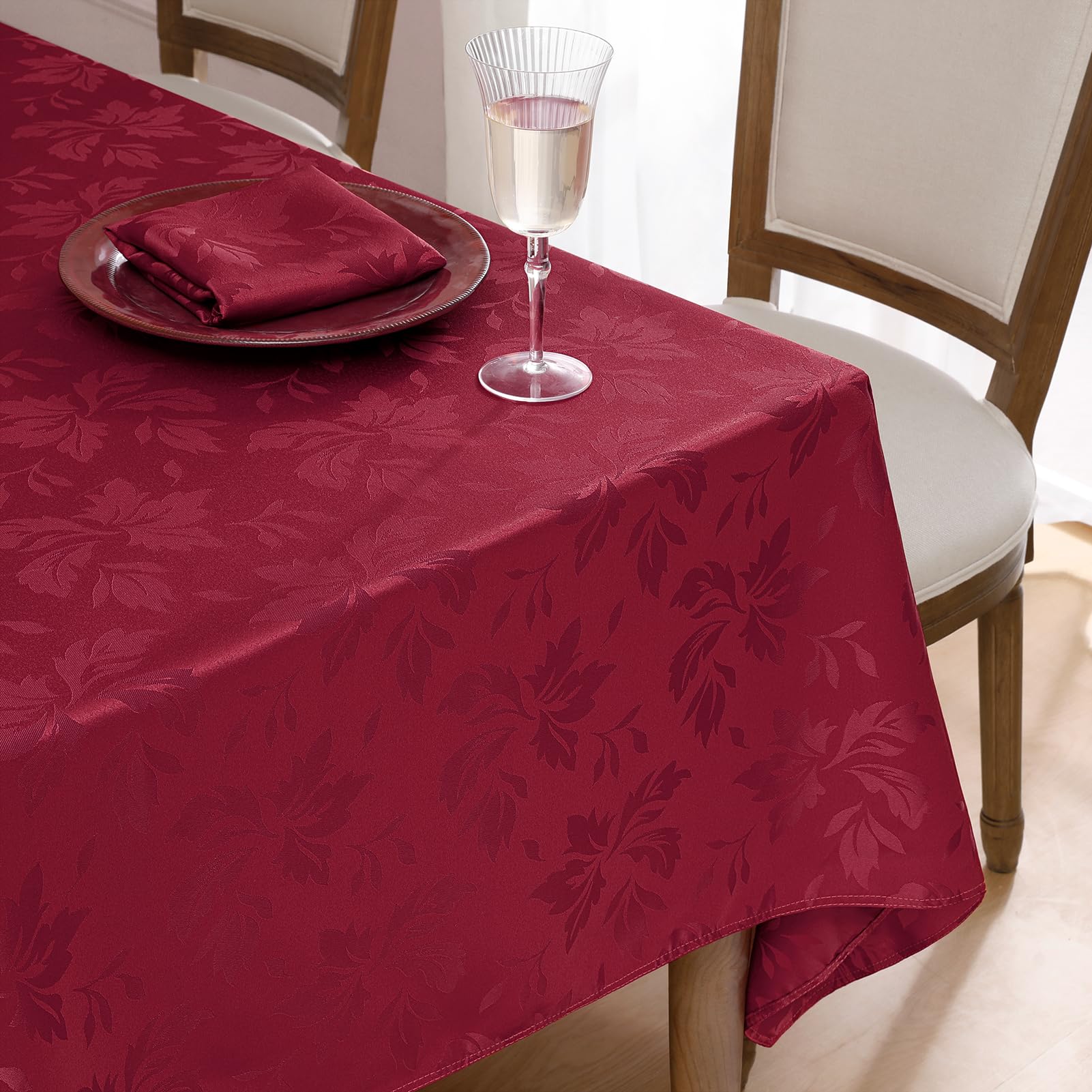 Photo 1 of Romanstile Jacquard Rectangle Tablecloth, Elegant Waterproof Damask Floral Pattern Table Cloths Heavy Weight Decorative Table Covers for Dinner/Parties/Holiday - 60 x 84 Inch, Burgundy