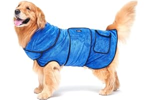 CZL Dog Drying Coat, Dog Bathrobe Towel, 800 GSM Super Absorbent Dog Robes, 100% Microfibre Fast Drying Soft Adjustable Pet Dog Bath Robe Towel, Thick Double-layer Design,for After Bath Beach Pool, Blue-M