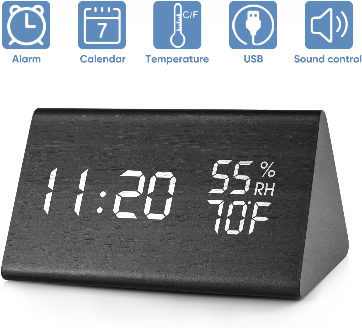 Digital Alarm Clock, Wooden Digital Alarm Clock LED Light Minimalist Large Display with Humidity Temperature for Bedroom (Black)