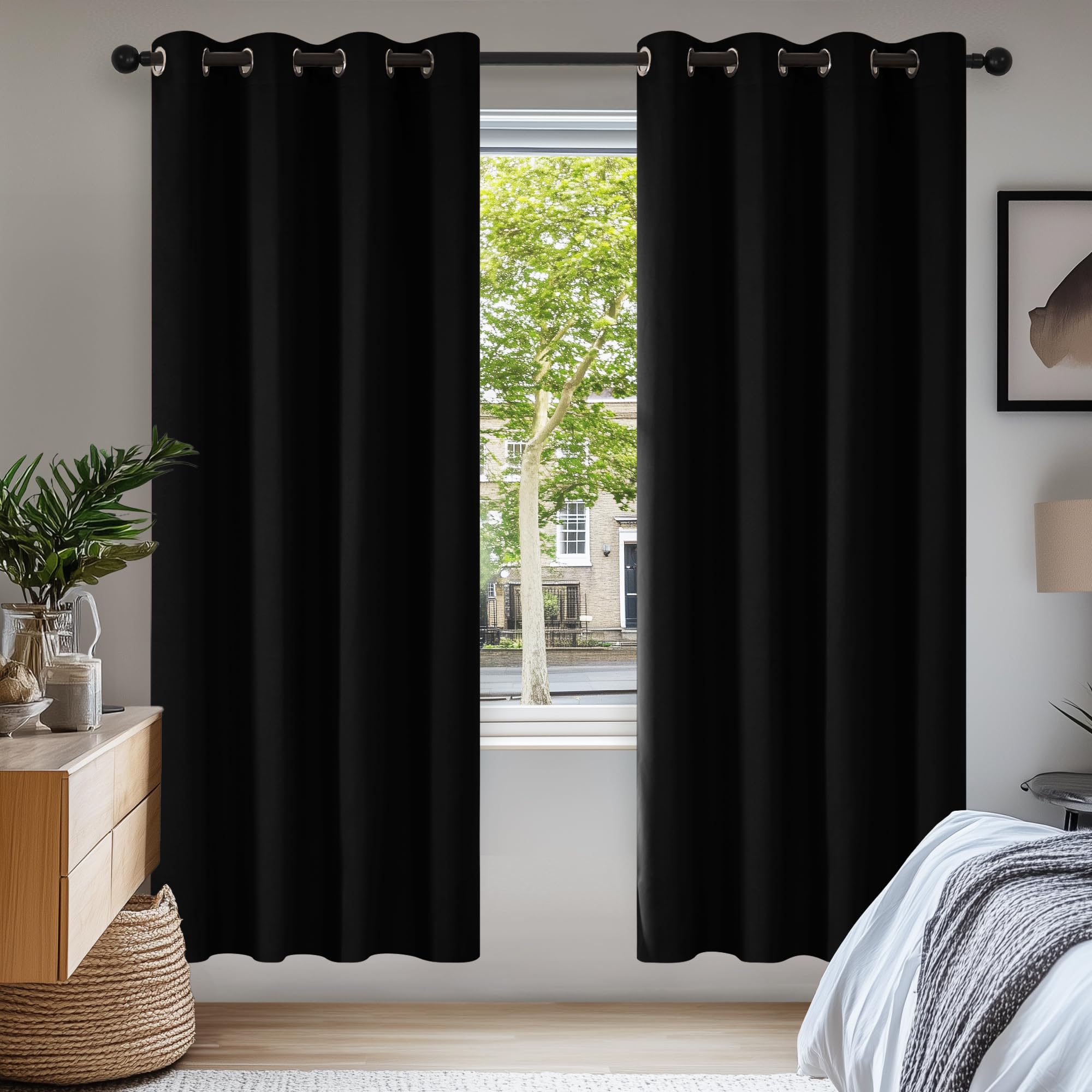 Deconovo Solid Curtains Ring Top Curtains Thermal Insulated Blackout Curtains for Bedroom 140x180cm Black 2 Panels