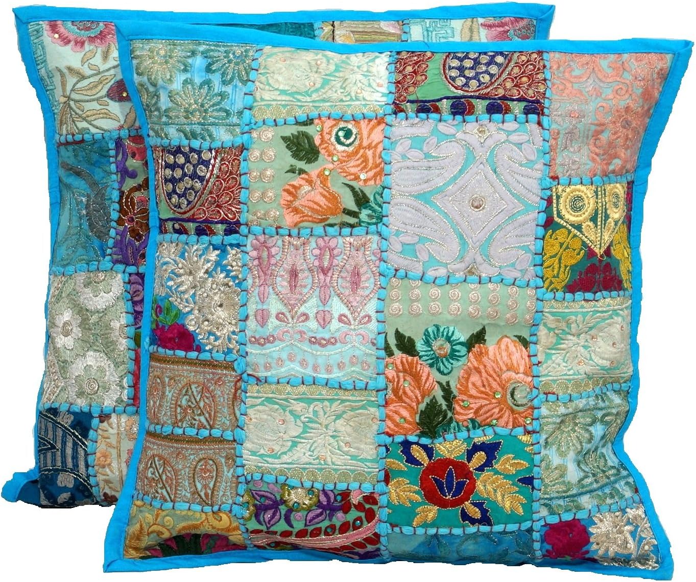 2pc Turquoise Handmade Patchwork Cushion Pillow Sari Patch Throw Pillow Bohemian Pillows Indian Ethnic Pillow Covers Embroidered Sari Patchwork Cushion 16x16"