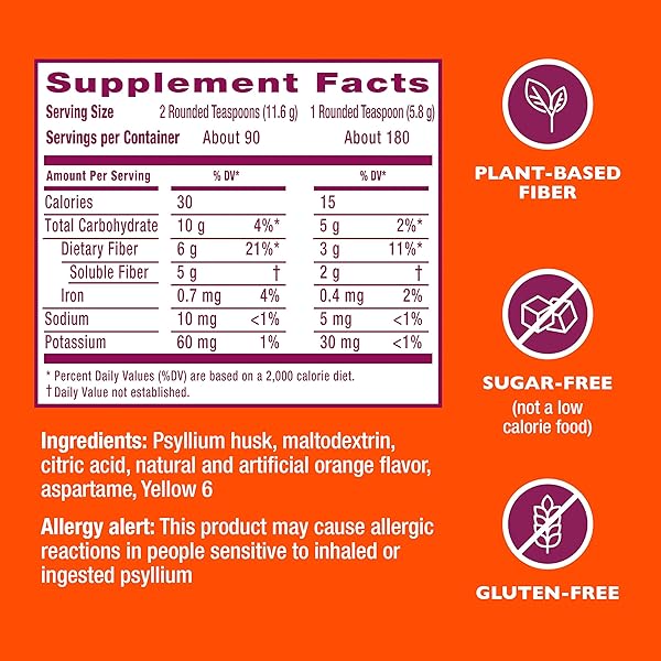 METAMUCIL 4 IN 1 DAILY FIBER SUPPLEMENT POWDER, FIBER POWDER FOR DIGESTIVE HEALTH AND REGULARITY*, SUGAR-FREE, ORANGE, NATURALLY SOURCED PSYLLIUM FIBER, 180 TEASPOONS