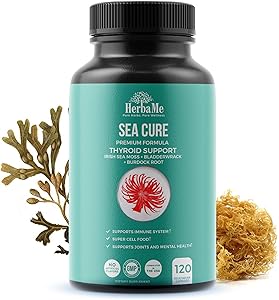 HerbaMe Wildcrafted Irish Sea Moss Capsules with Bladderwrack and Burdock Root | 120 Count | 1300 mg | Thyroid Support, Natural Iodine Source, Promotes Immune System, Cell Food, Alkaline Supplement