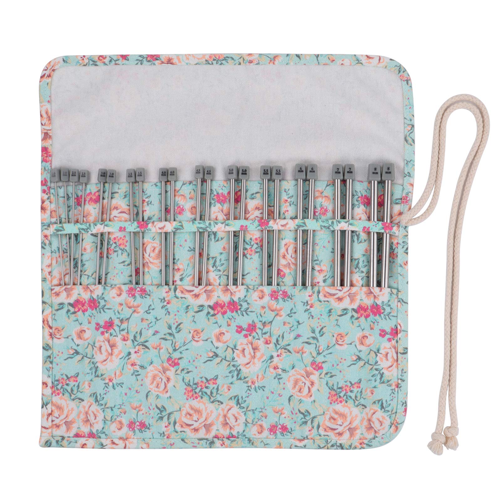 Coopay Knitting Needles Set with Roll Bag, Straight Single Pointed Knitting Needles Kit, 22 Pcs Lightweight Metal Long Knitting Pins and Handy Storage Bag, 2.0mm to 8.0mm, 35 cm