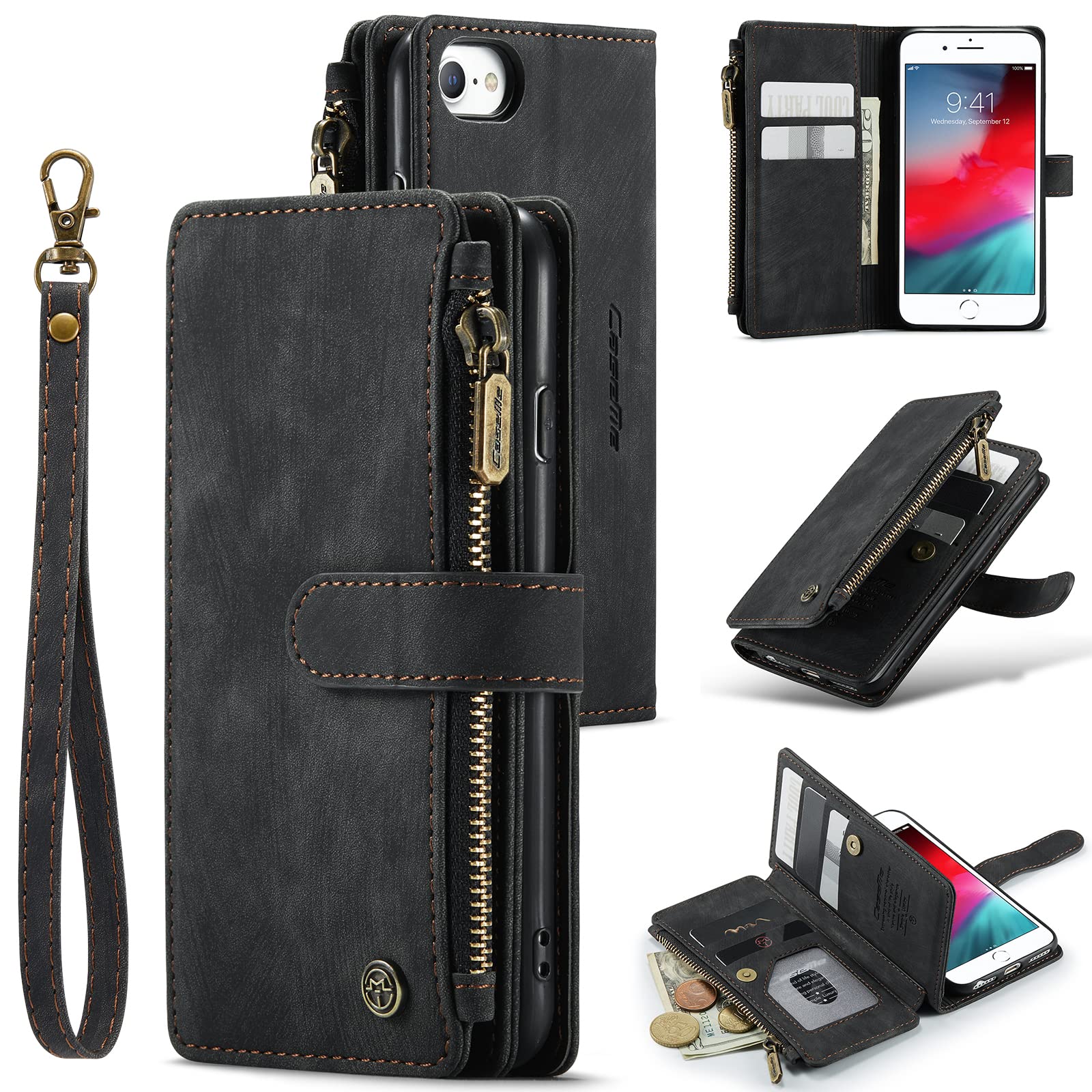 UeeBai Wallet Case for iPhone SE 2022/7/8/SE 2020, Handmade PU Leather Phone Case with Card Slots, Magnetic Zipper, Kickstand, Vintage Flip Case - Vintage Black