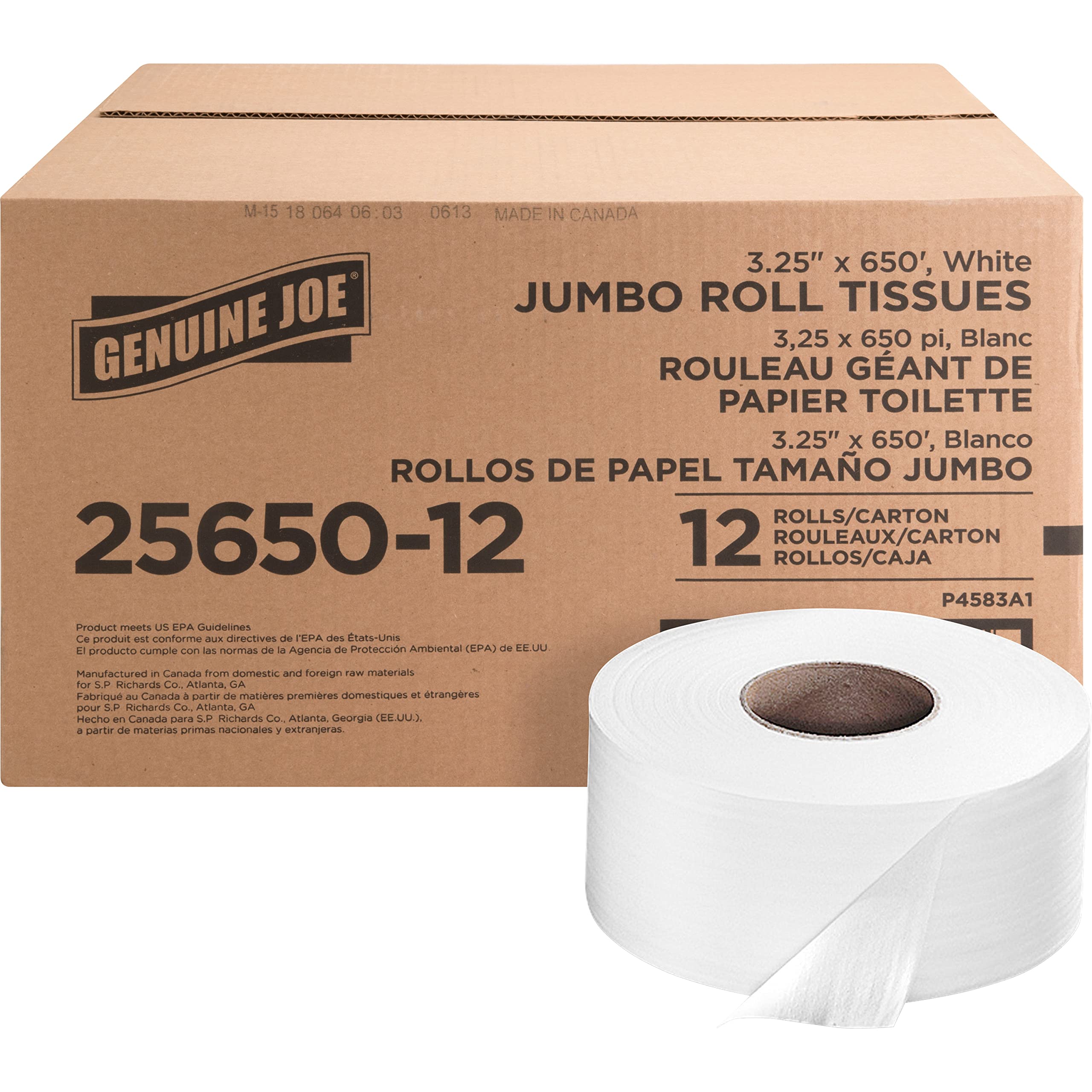 Photo 1 of Genuine Joe Jumbo Roll Bath Tissue - 2-Ply White Toilet Paper, 3.3" x 650' per Roll, 12 Count Bulk Pack, Recycled Fiber, Commercial Grade for Dispensers