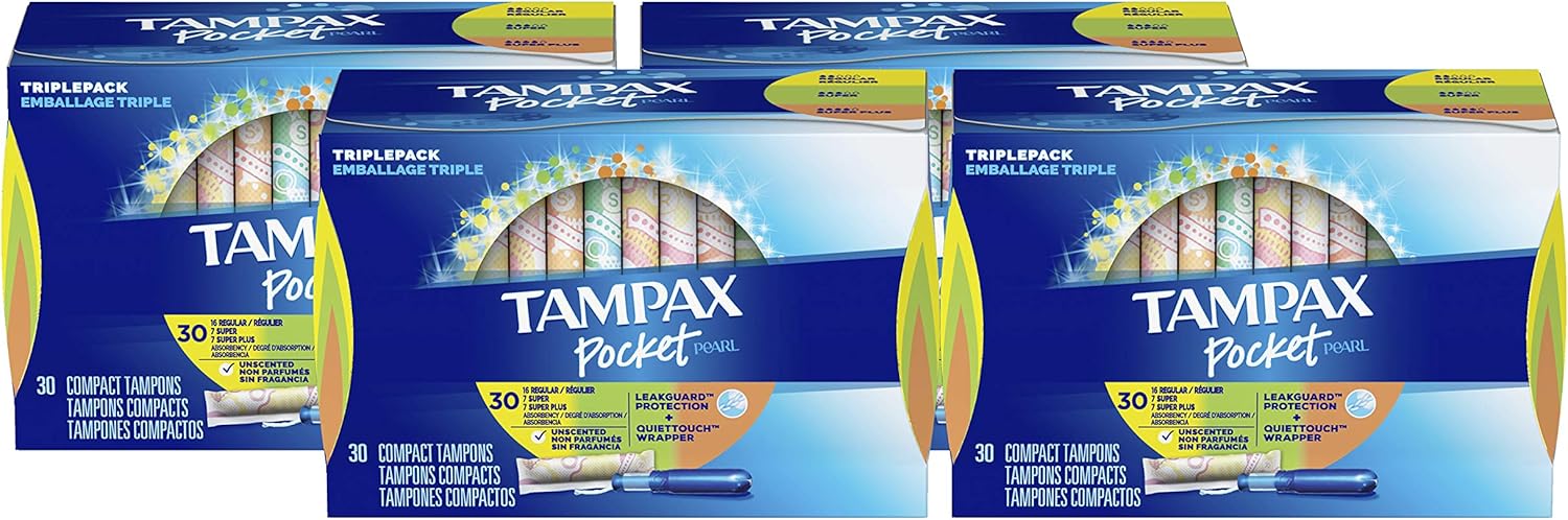 Tampax Pocket Pearl Plastic Tampons, Regular/Super/Super Plus Absorbency Triplepack, 120 Count, Unscented (30 Count, Pack of 4 - 120 Count Total): Health & Personal Care