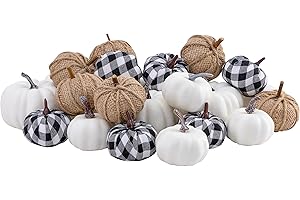 Jelofly 24pcs Mixed Artificial Pumpkins Assorted Size Color Harvest Pumpkins Set 12 White Foam Pumpkins, 6 Burlap Pumpkins, 6 Black White Grid Pumpkins for Fall Wedding Decor Thanksgiving Decorations