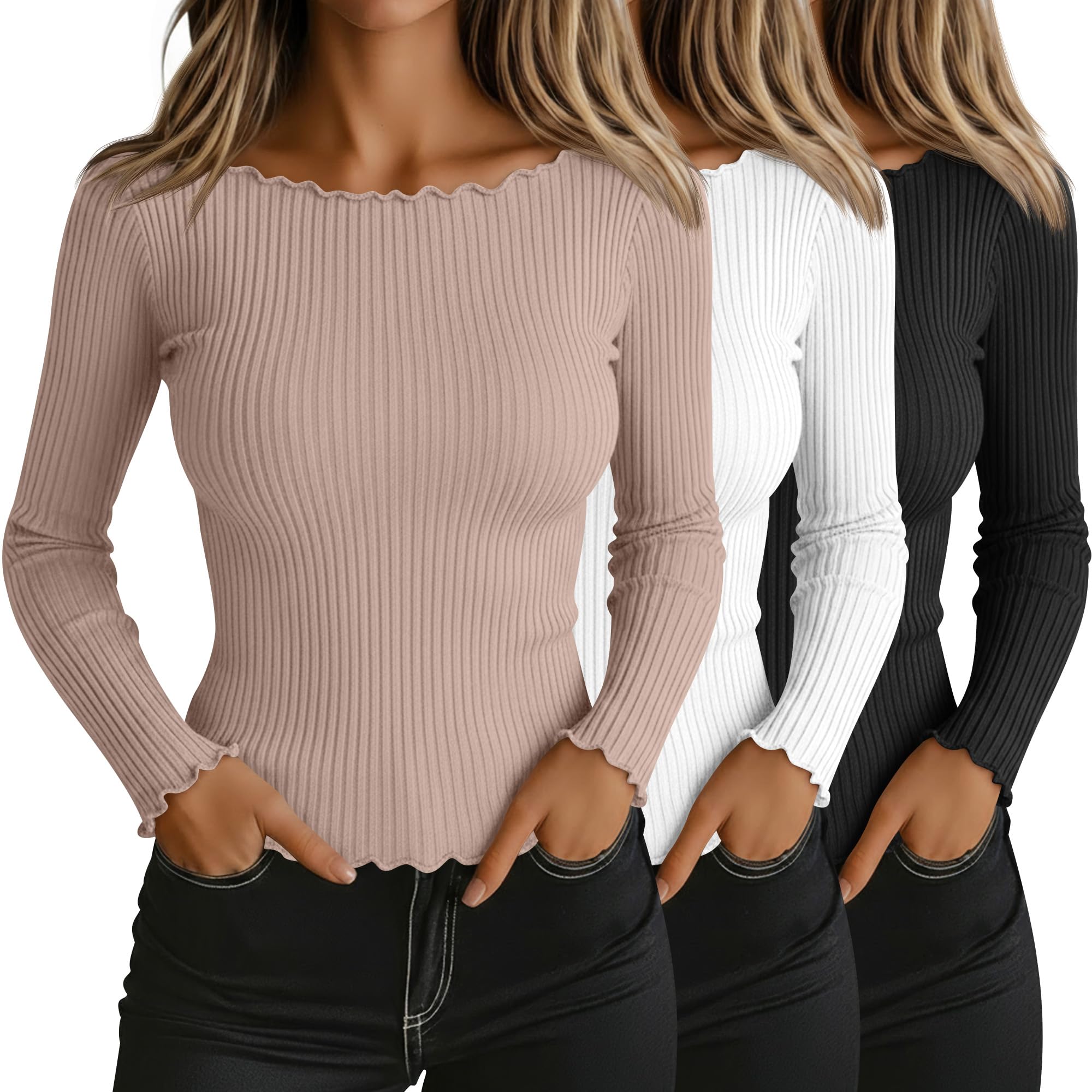 Photo 1 of Riyiper 3 Pack Women's Long Sleeve Shirts Ribbed Cotton Boat Neck Tops Lettuce Trim Underscrub Slim Fit Casual Basic Tees(Black, White, Khaki,Large)