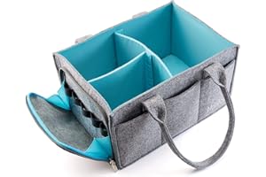 MOLLIE OLLIE Premium Baby Diaper Caddy Organizer | Portable Nursery Storage Bin | Planner Caddy | Portable Craft Storage Organizer | Car Seat Tote with Zipper Pocket & 5mm Heavy Duty Felt (Grey/Turquoise)