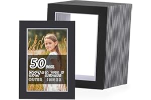 Falling in Art 50 Pack Black Acid Free Pre Cut Mats - 5x7 Picture Frame Mats for 4x6 Photos with Black Core Bevel Cut Matting