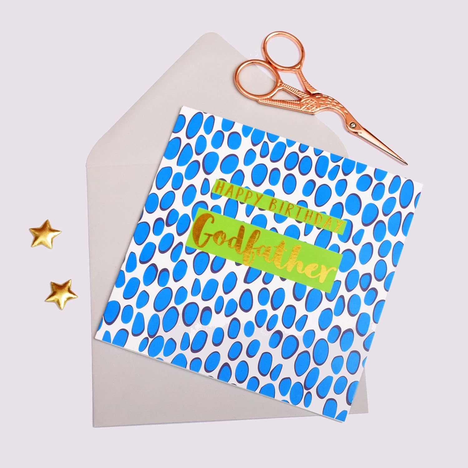 Claire Giles Greeting Cards, Happy Birthday Godfather Card, Blue Dots, Text Foiled in Shiny Gold - Image 3
